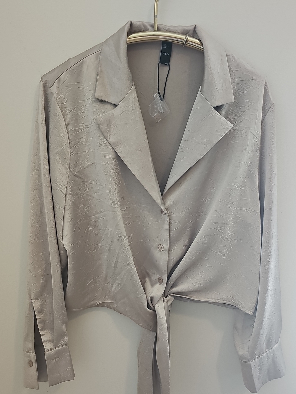 Cider Beige Tie-Front Button Down Blouse. Satin..NEW..XL